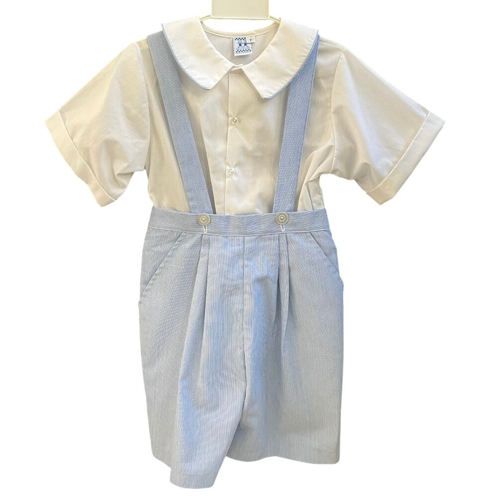 Boys Special Occasion Easter Blue White Microstripe Shorts White SS Shirt Size 7